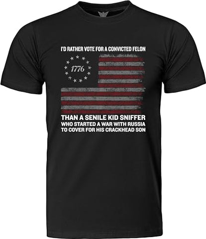 GunShowTees vintage Trump 2024 shirt with USA 1776 flag says "...vote for a convicted felon..." - men tees black